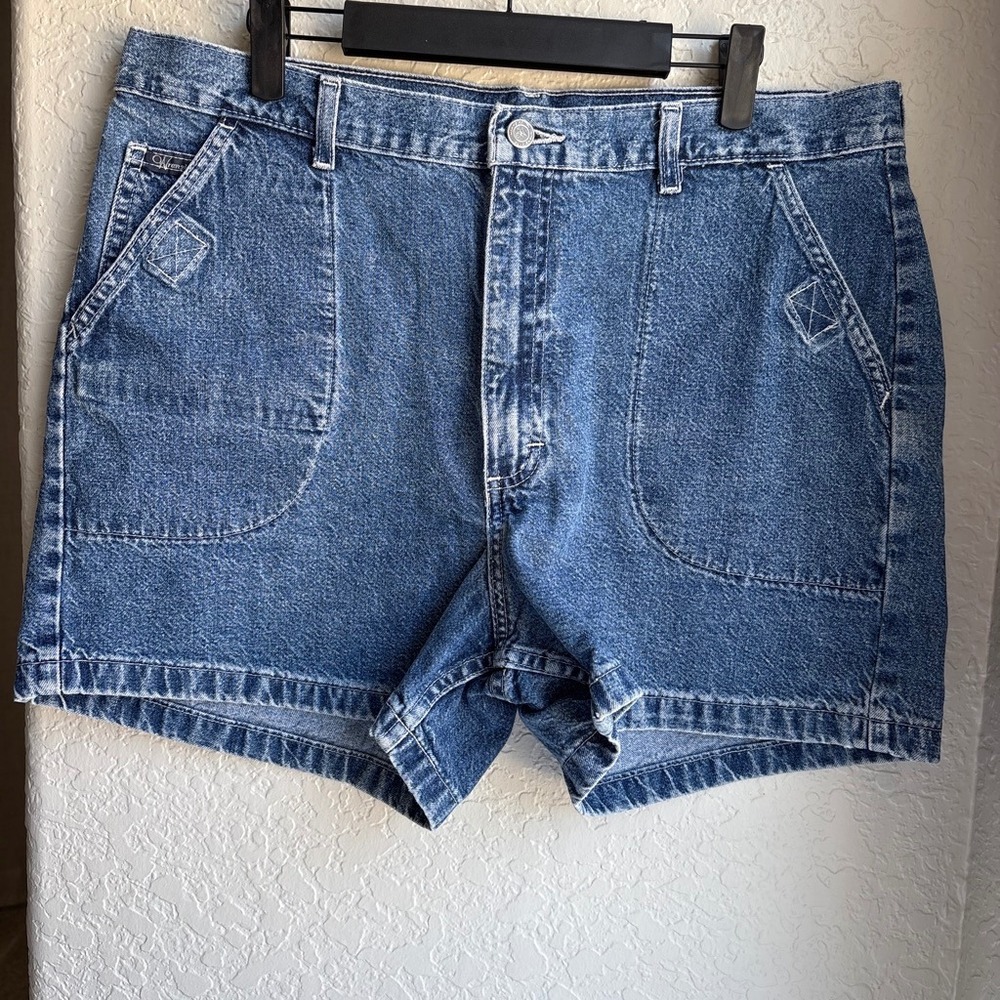 Wrangler Vintage Women 14 Average Denim Shorts 90s Blue High Rise Patch Pockets